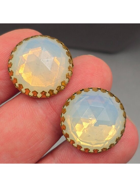 Unknown Jewelry - Vintage Moonstone Earrings Ornate Flame Prong Set Gold Tone Upcycled Jewelry